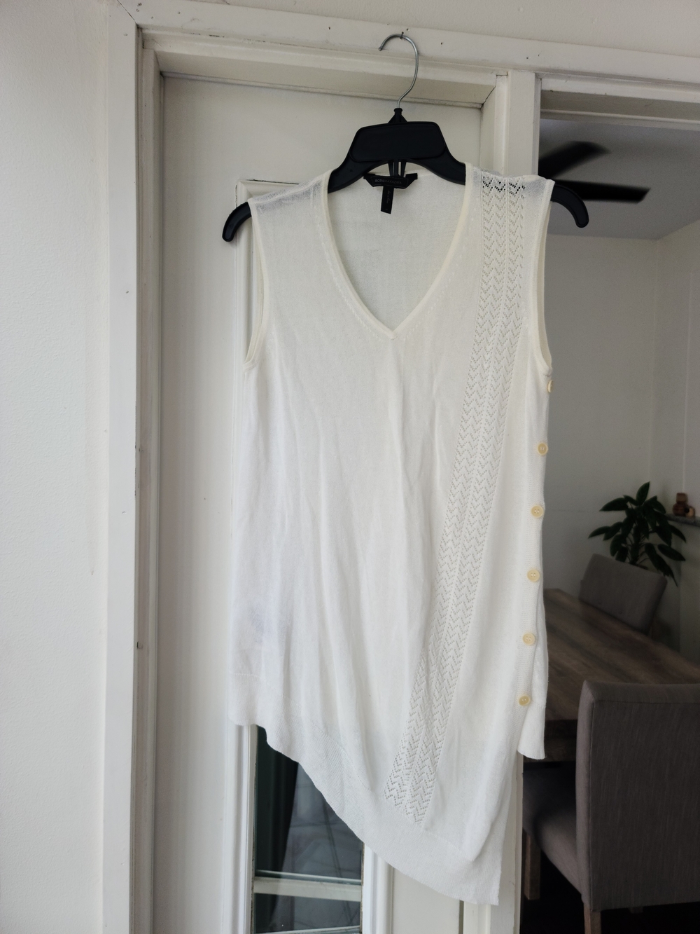 BCBGMaxAzria White Sleeveless V-Neck Knit Top with Side Buttons